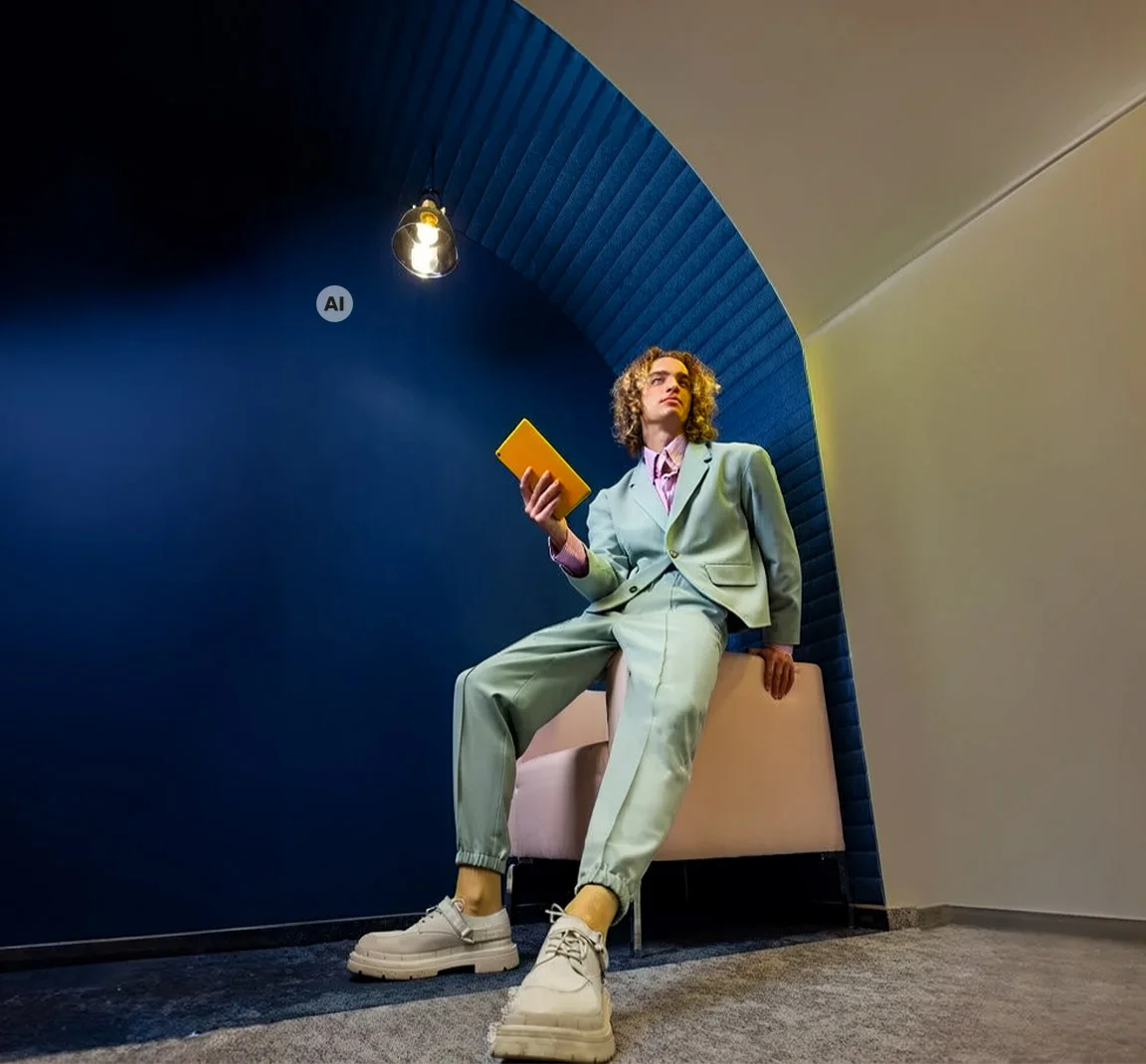 Man with green suit and yellow tablet