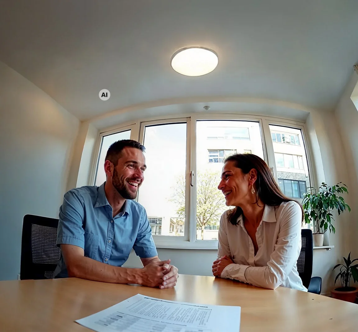 Smiling colleagues in conversation