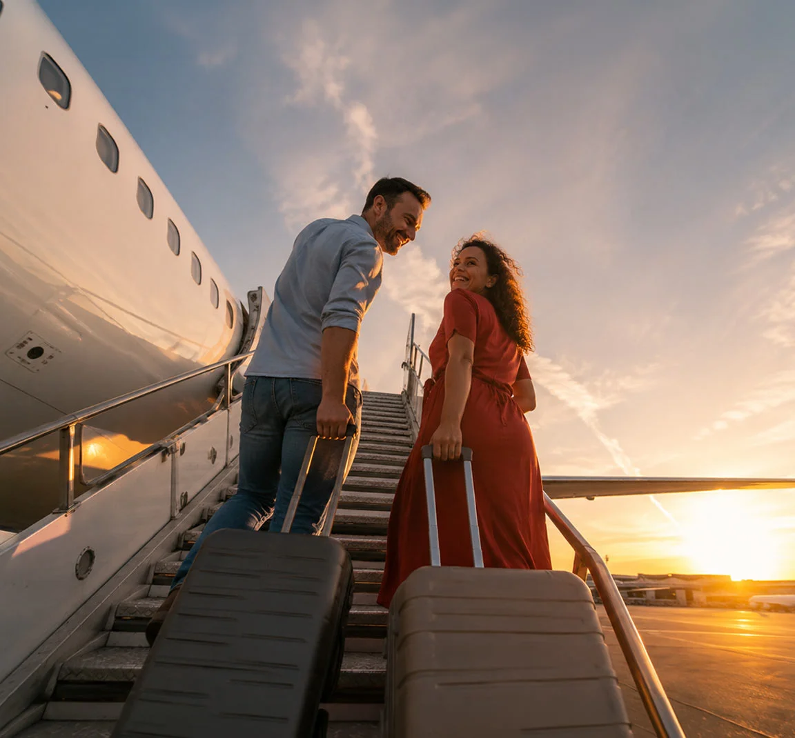 Happy couple boarding a plane on sunset