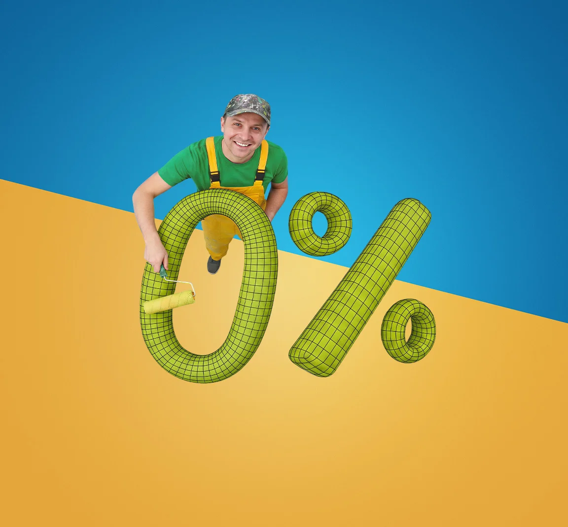Мъж с валяк за боядисване до знак 0%